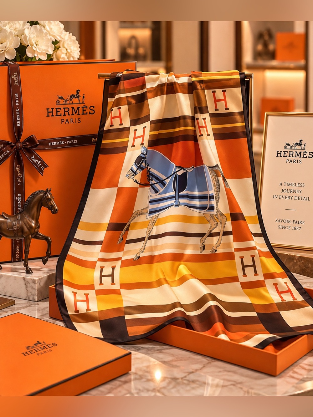 Silk Horse Scarf in Blue, Orange, Yellow